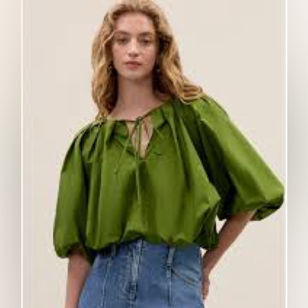 NWT Rebecca Taylor Green Bubble Top Poplin Blouse Puff Sleeve Large Cotton